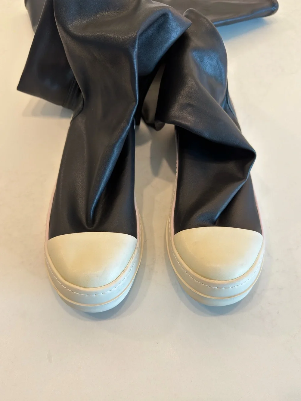 Rick Owens Black Over-the-Knee Slip-On Leather Boots with White Sole